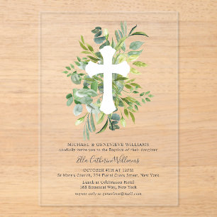 Greenery Floral Botanical Cross Baptisme Acryl Uitnodigingen