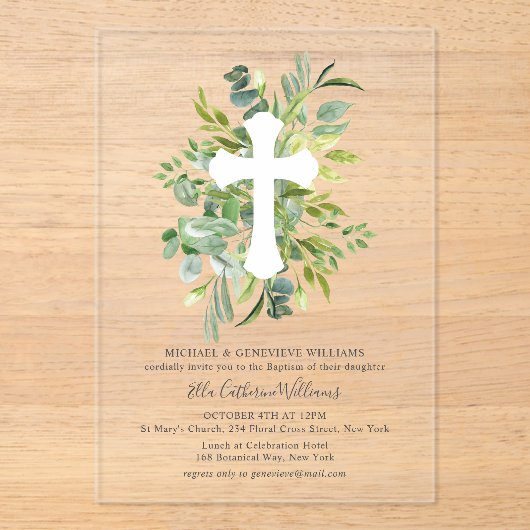 Greenery Floral Botanical Cross Baptisme Acryl Uitnodigingen (Voorkant)