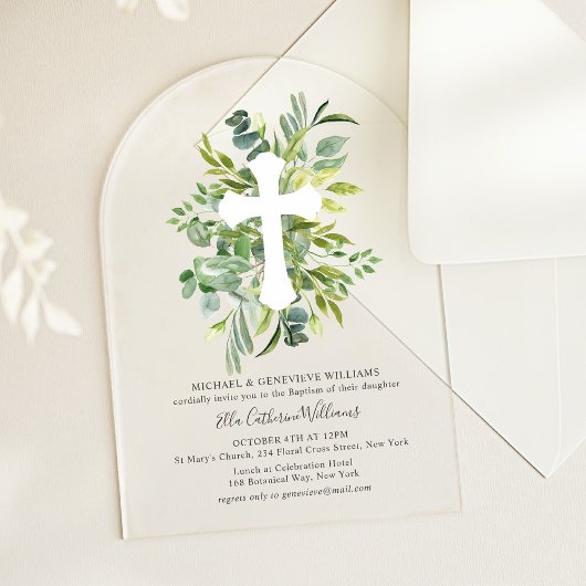 Greenery Floral Botanical Cross Baptisme Acryl Uitnodigingen