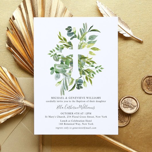 Greenery Floral Botanical Cross Baptisme Kaart