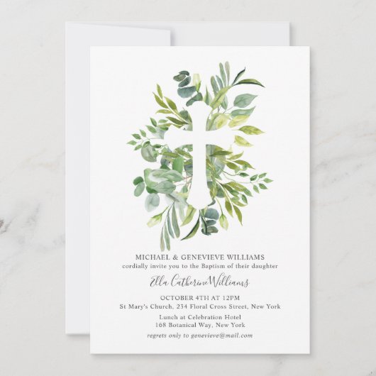 Greenery Floral Botanical Cross Baptisme Kaart (Voorkant)