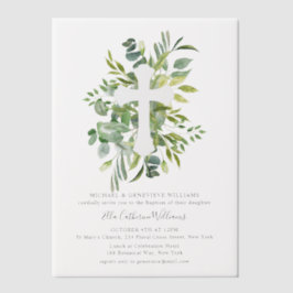 Greenery Floral Botanical Cross Baptisme Vellum Uitnodigingen
