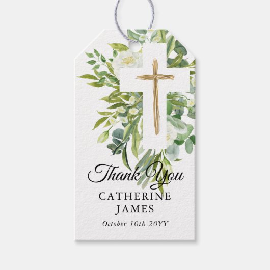 Greenery Floral Botanical Cross Elegant Baptisme Cadeaulabel (Voorkant)