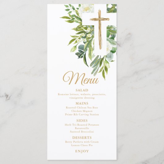 Greenery Floral Botanical Cross Elegant Baptisme Menu (Voorkant)