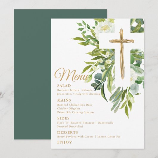 Greenery Floral Botanical Cross Elegant Baptisme Menu (Voorkant / Achterkant)