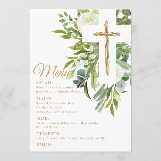 Greenery Floral Botanical Cross Elegant Baptisme Menu (Voorkant)