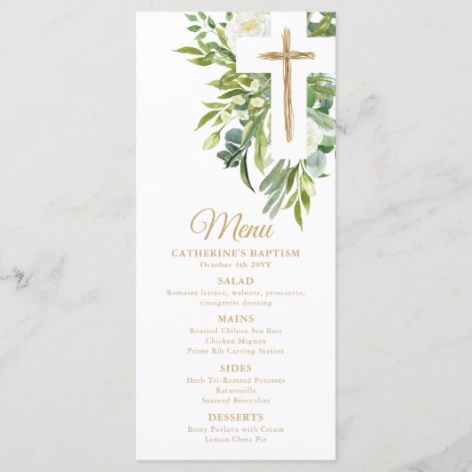 Greenery Floral Botanical Cross Elegant Baptisme Menu (Voorkant)