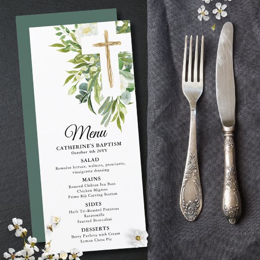 Greenery Floral Botanical Cross Elegant Baptisme Menu