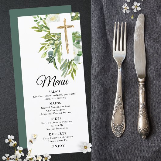 Greenery Floral Botanical Cross Elegant Baptisme Menu