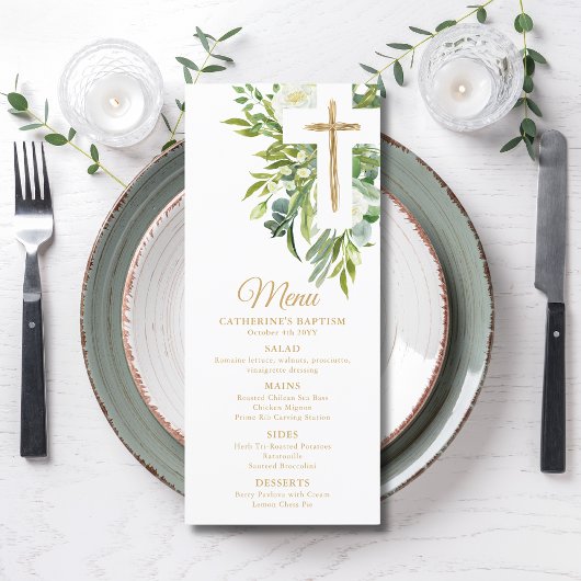 Greenery Floral Botanical Cross Elegant Baptisme Menu