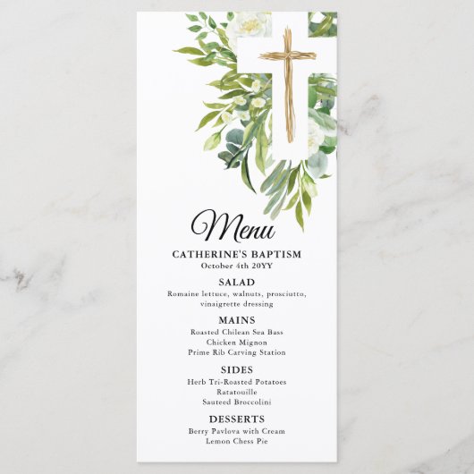 Greenery Floral Botanical Cross Elegant Baptisme Menu (Voorkant)
