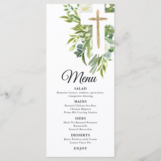 Greenery Floral Botanical Cross Elegant Baptisme Menu (Voorkant)