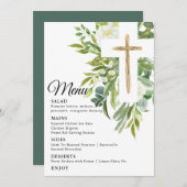 Greenery Floral Botanical Cross Elegant Baptisme Menu (Voorkant / Achterkant)