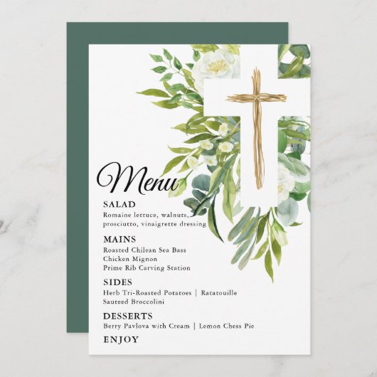 Greenery Floral Botanical Cross Elegant Baptisme Menu (Voorkant / Achterkant)