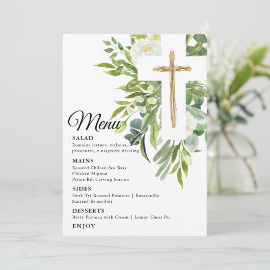 Greenery Floral Botanical Cross Elegant Baptisme Menu (Staand voorkant)