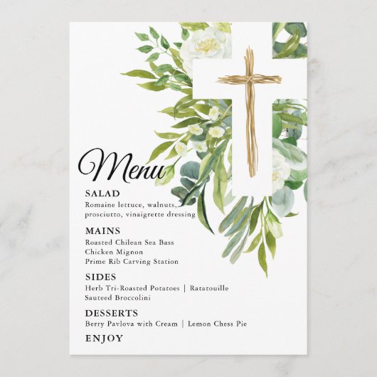 Greenery Floral Botanical Cross Elegant Baptisme Menu (Voorkant)