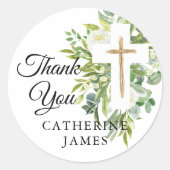 Greenery Floral Botanical Cross Elegant Baptisme Ronde Sticker (Voorkant)