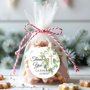 Greenery Floral Botanical Cross Elegant Baptisme Ronde Sticker