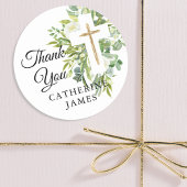 Greenery Floral Botanical Cross Elegant Baptisme Ronde Sticker