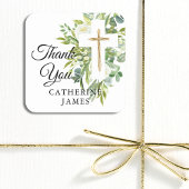 Greenery Floral Botanical Cross Elegant Baptisme Vierkante Sticker
