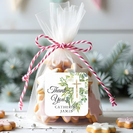 Greenery Floral Botanical Cross Elegant Baptisme Vierkante Sticker