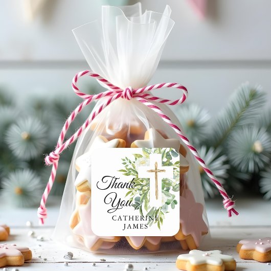 Greenery Floral Botanical Cross Elegant Baptisme Vierkante Sticker