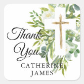 Greenery Floral Botanical Cross Elegant Baptisme Vierkante Sticker (Voorkant)