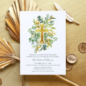 Greenery Floral Botanical Gold Cross Baptisme Kaart
