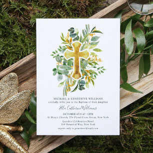 Greenery Floral Botanical Gold Cross Baptisme Kaart
