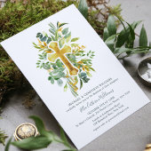 Greenery Floral Botanical Gold Cross Baptisme Kaart