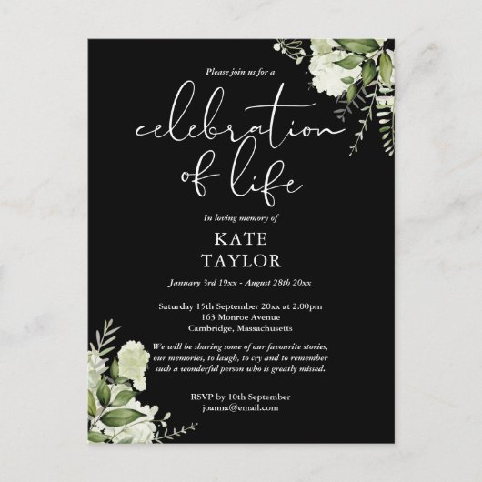 Greenery Floral Celebration of Life Memorial Aankondigingskaart (Voorkant)