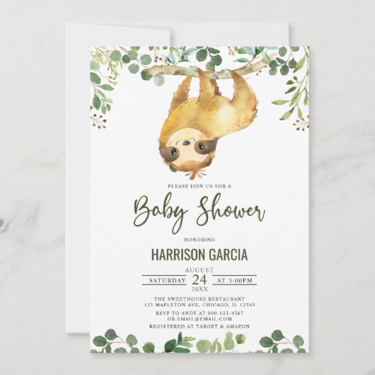 Greenery Floral Cute Sloth Baby shower Invitation Kaart (Voorkant)