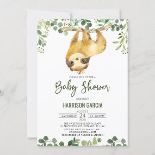 Greenery Floral Cute Sloth Baby shower Invitation Kaart