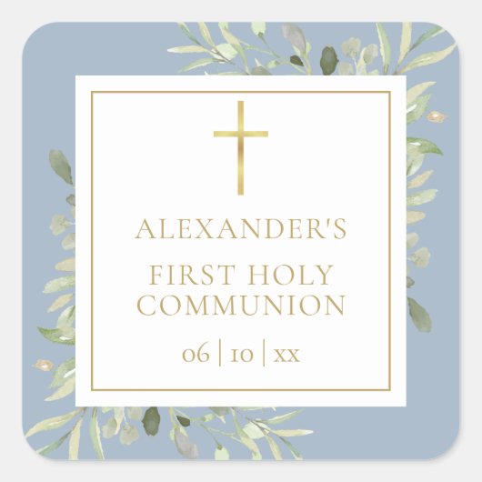 Greenery Floral Dusty Blue First Holy Communion Vierkante Sticker (Voorkant)