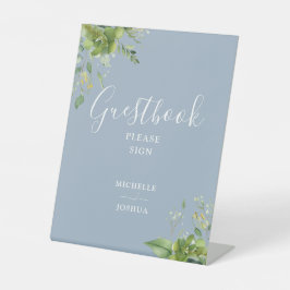 Greenery Floral Dusty Blue Guestbook Reclamebord Met Voetstuk