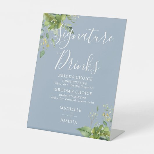 Greenery Floral Dusty Blue Signature Drinken Reclamebord Met Voetstuk (Voorkant)