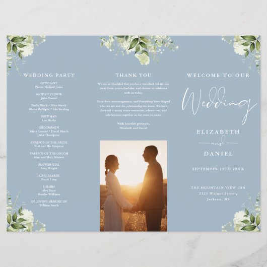 Greenery Floral Dusty Blue Trifold Wedding Program Flyer (Voorkant)