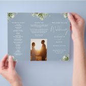 Greenery Floral Dusty Blue Trifold Wedding Program Flyer (Hand)