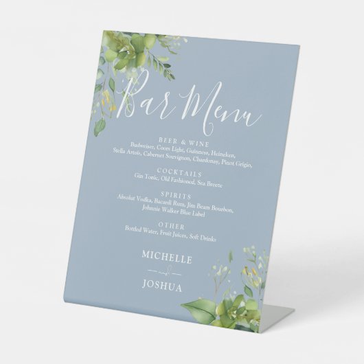 Greenery Floral Dusty Blue Wedding Bar Menu Reclamebord Met Voetstuk (Voorkant)