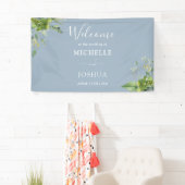 Greenery Floral Dusty Blue Wedding Welkom Spandoek (Insitu)