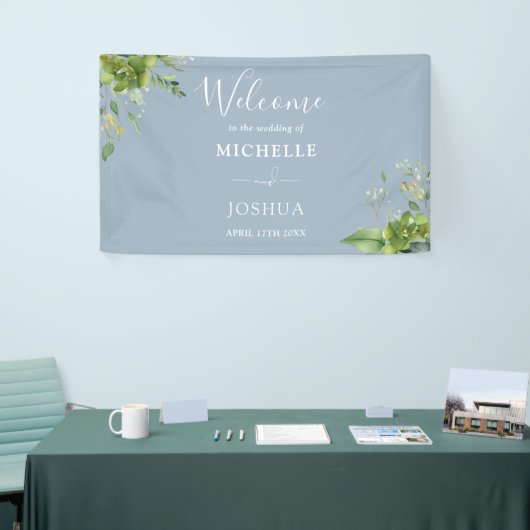 Greenery Floral Dusty Blue Wedding Welkom Spandoek (Beurs)