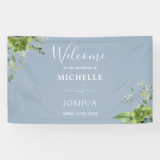 Greenery Floral Dusty Blue Wedding Welkom Spandoek (Horizontaal)