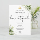 Greenery Floral Elegant Monogram Bar Mitzvah Kaart (Staand voorkant)