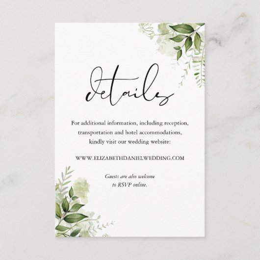 Greenery Floral Elegant Script Wedding Details Informatiekaartje (Voorkant)