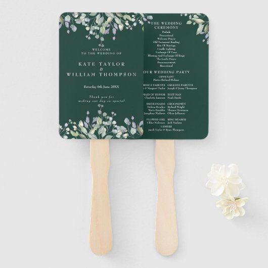 Greenery Floral Emerald Green Wedding Program Handwaaier (Voorkant en achterkant)