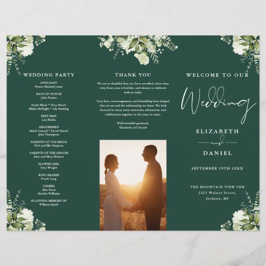 Greenery Floral Emerald Trifold Wedding Program Flyer (Voorkant)