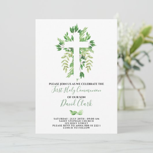 Greenery Floral First Heilige Communie Kaart (Staand voorkant)