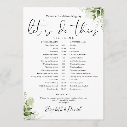 Greenery Floral Foliage Wedding Schedule Programmakaart (Voorkant)
