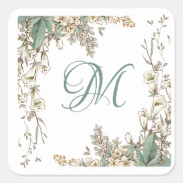 Greenery Floral Garland Script Monogram Elegant Vierkante Sticker