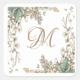 Greenery Floral Garland Script Monogram Elegant Vierkante Sticker